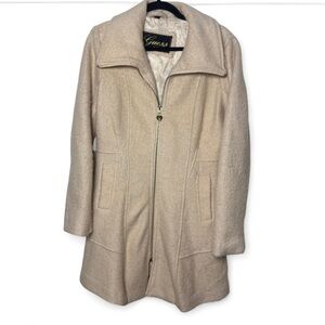 Guess Cream Wool Blend Coat Women’s Large | Zip Front Flared Jacket